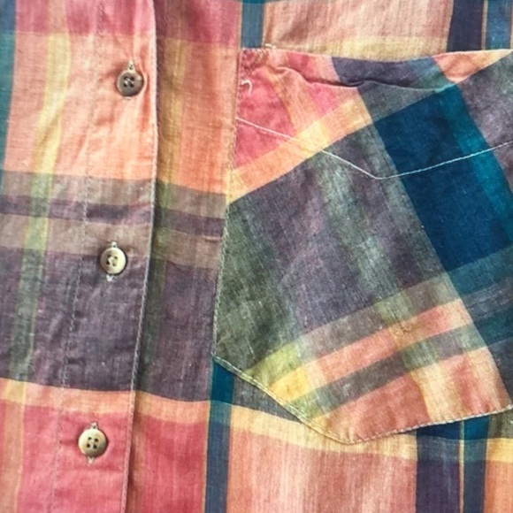 Men’sVintage 70s Union Khaki Brown Plaid Short Sleeve Cotton Shirt Size Large - Picture 5 of 6